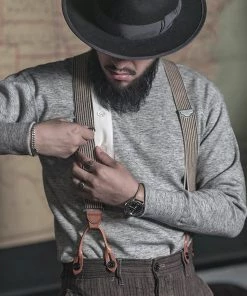 Bronson MFG. CO. ACCESSORIES Old-Time Y-Back Leather Button Suspender - Blue/Yellow Stripe