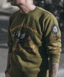 Non Stock MFG. CO. TOPS Flying Tigers Military Print Sweatshirt - Olive