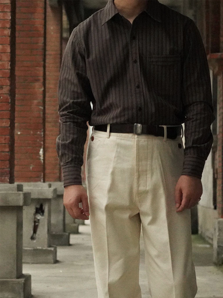 Annual Ring 1930s 6 Oz Yarn-Dyed Dobby Taupe Brown Striped Work Shirt 3 Annual Ring 1930s 6 Oz Yarn-Dyed Dobby Taupe Brown Striped Work Shirt