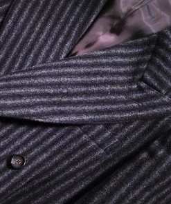 Annual Ring TOPS Peak Lapel Double Breasted Tweed Suit Jacket - Black With White Striped