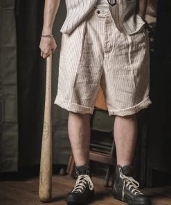 Non Stock MFG. CO. May 2022 Loose Double Pleated Striped 10.5 Oz Linen Shorts