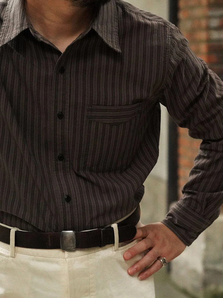 Annual Ring 1930s 6 Oz Yarn-Dyed Dobby Taupe Brown Striped Work Shirt 5 Annual Ring 1930s 6 Oz Yarn-Dyed Dobby Taupe Brown Striped Work Shirt