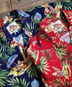 Annual Ring Santa Claus At Hawaiian Beach Print Aloha Shirt - Navy