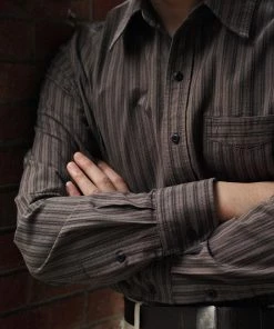 Annual Ring 1930s 6 Oz Yarn-Dyed Dobby Taupe Brown Striped Work Shirt 13 Annual Ring 1930s 6 Oz Yarn-Dyed Dobby Taupe Brown Striped Work Shirt