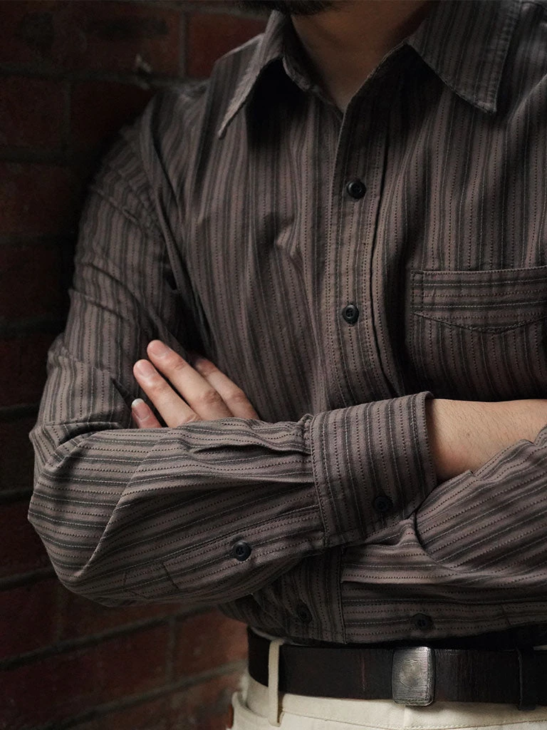 Annual Ring 1930s 6 Oz Yarn-Dyed Dobby Taupe Brown Striped Work Shirt 4 Annual Ring 1930s 6 Oz Yarn-Dyed Dobby Taupe Brown Striped Work Shirt