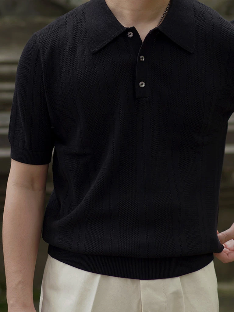 Annual Ring Retro Knitted Jacquard Polo Shirt - Black May 2022 3 Annual Ring Retro Knitted Jacquard Polo Shirt - Black May 2022