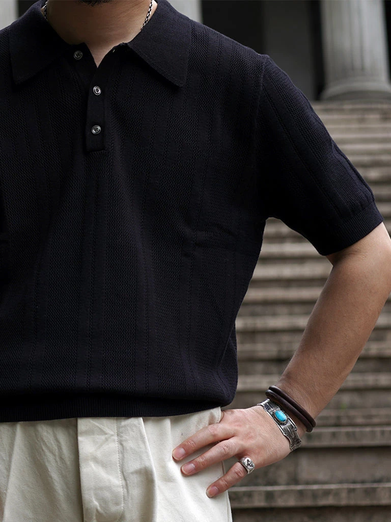 Annual Ring Retro Knitted Jacquard Polo Shirt - Black May 2022 4 Annual Ring Retro Knitted Jacquard Polo Shirt - Black May 2022
