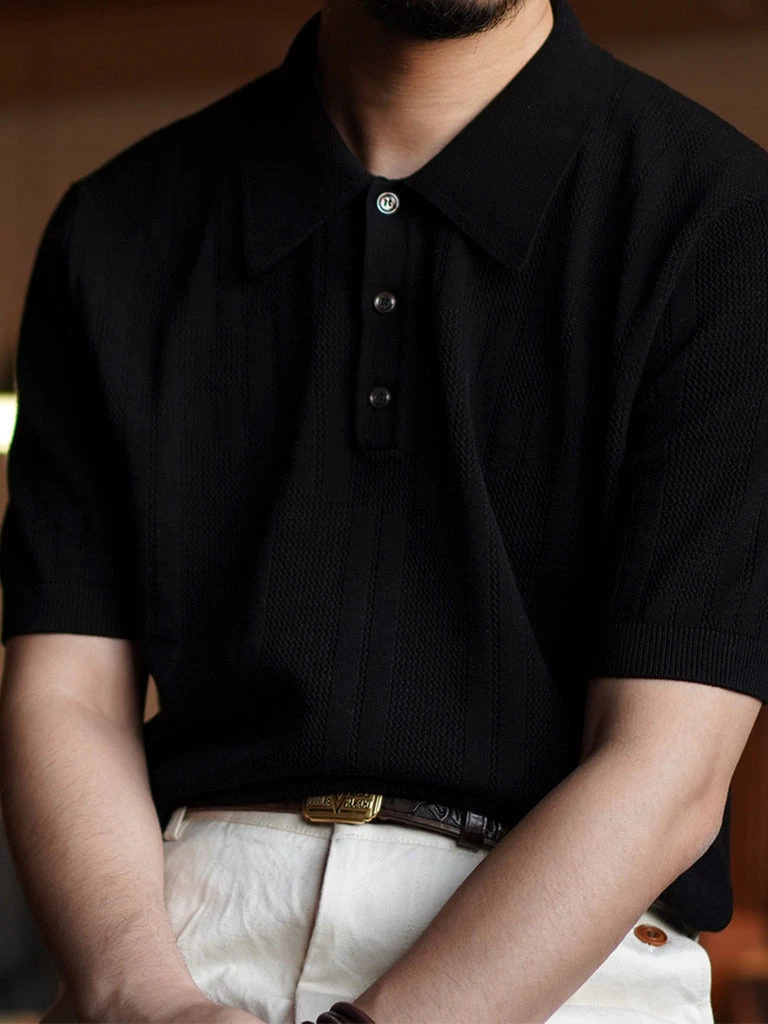 Annual Ring Retro Knitted Jacquard Polo Shirt - Black May 2022 6 Annual Ring Retro Knitted Jacquard Polo Shirt - Black May 2022